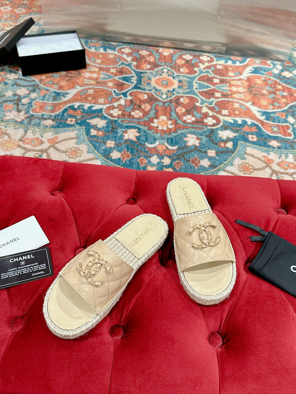 Chanel Flat Slippers in Beige Cream Lambskin and Woven with Logo