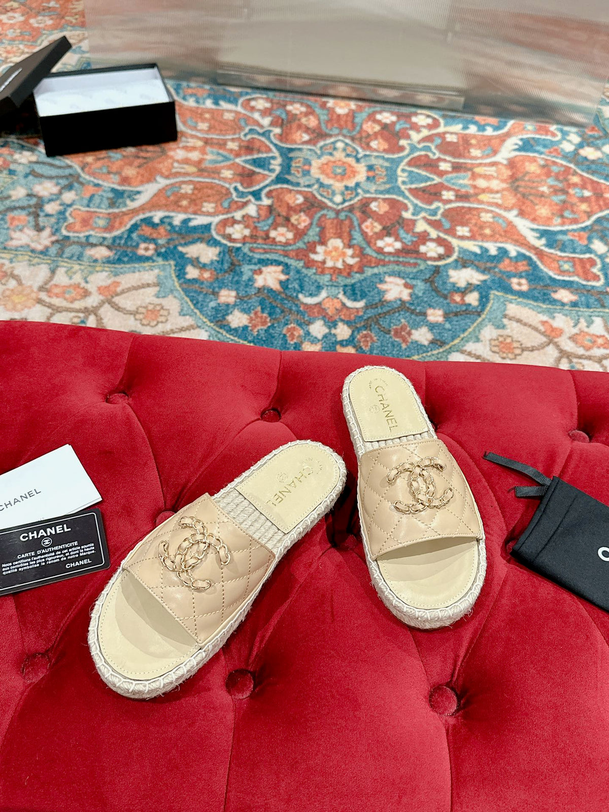 Chanel Flat Slippers in Beige Cream Lambskin and Woven with Logo