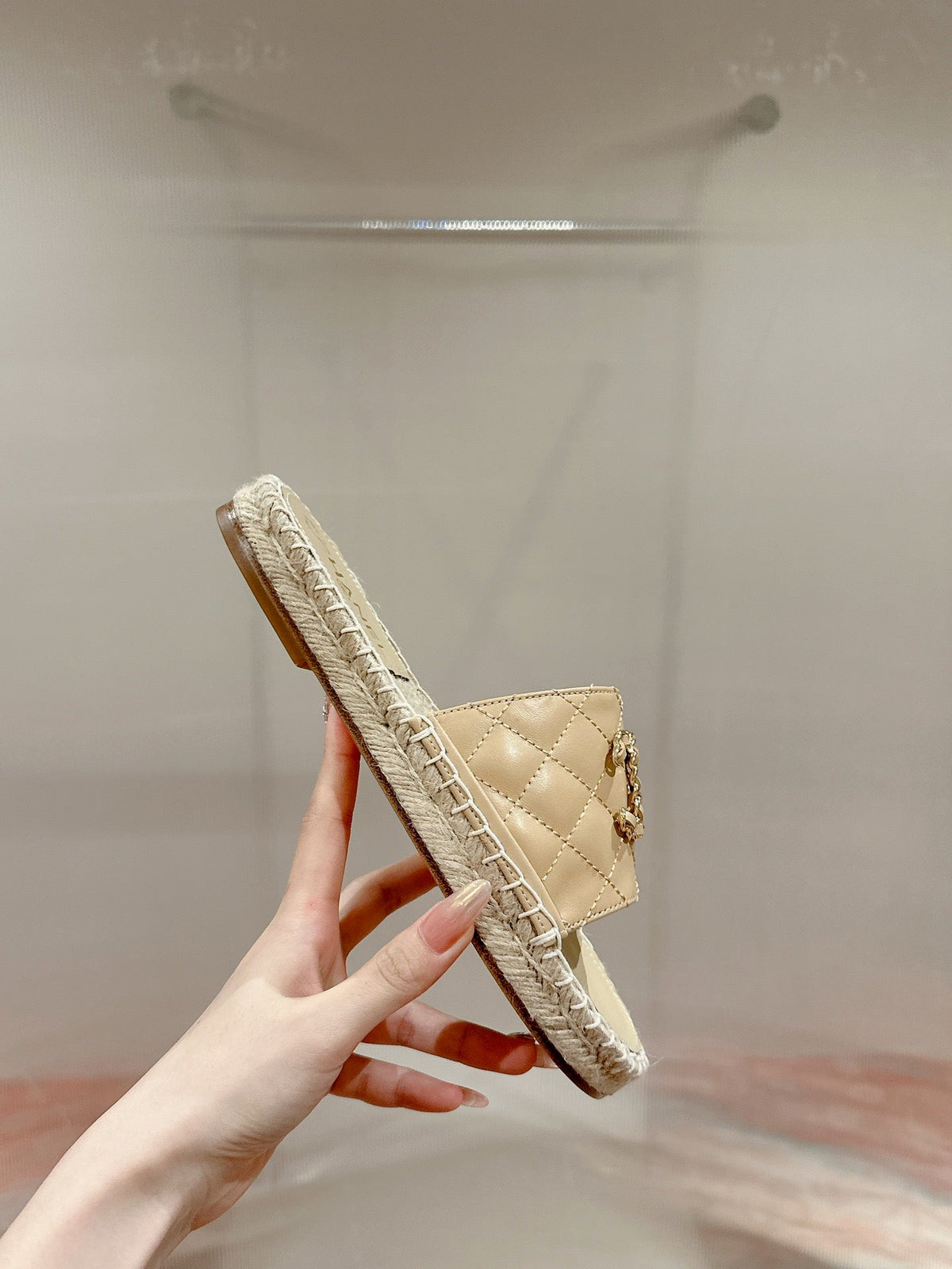 Chanel Flat Slippers in Beige Cream Lambskin and Woven with Logo