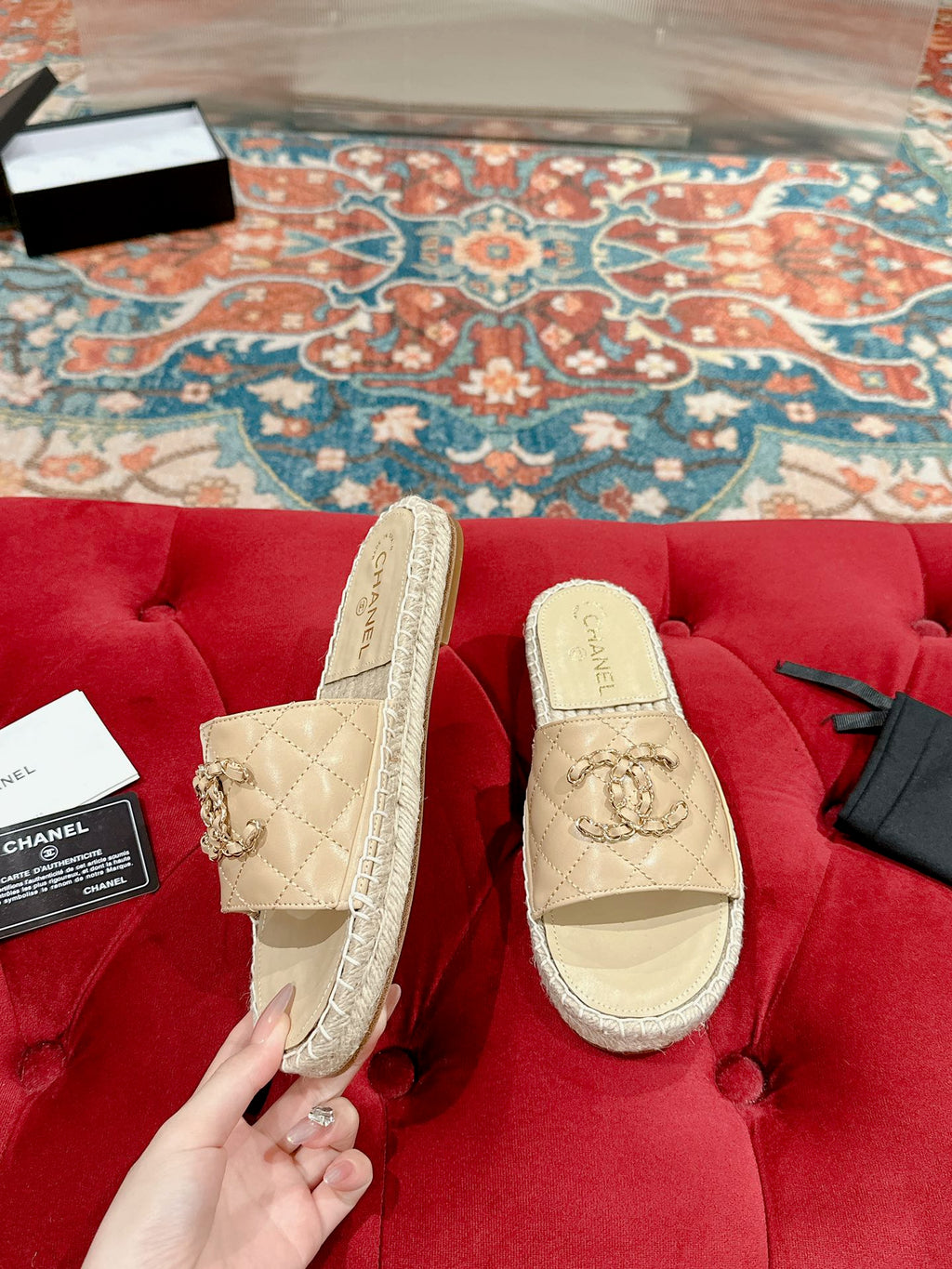 Chanel Flat Slippers in Beige Cream Lambskin and Woven with Logo