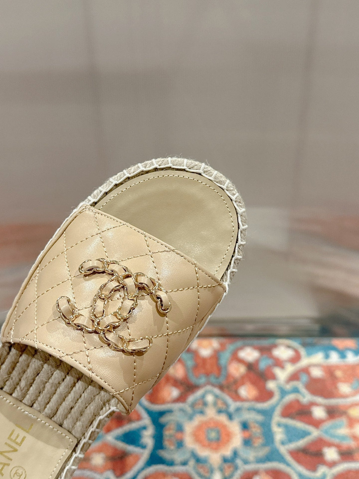 Chanel Flat Slippers in Beige Cream Lambskin and Woven with Logo