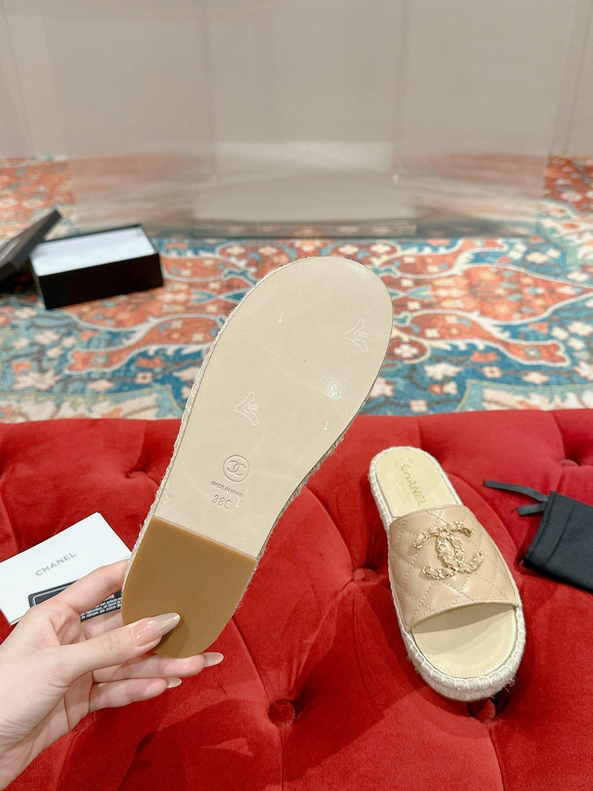 Chanel Flat Slippers in Beige Cream Lambskin and Woven with Logo