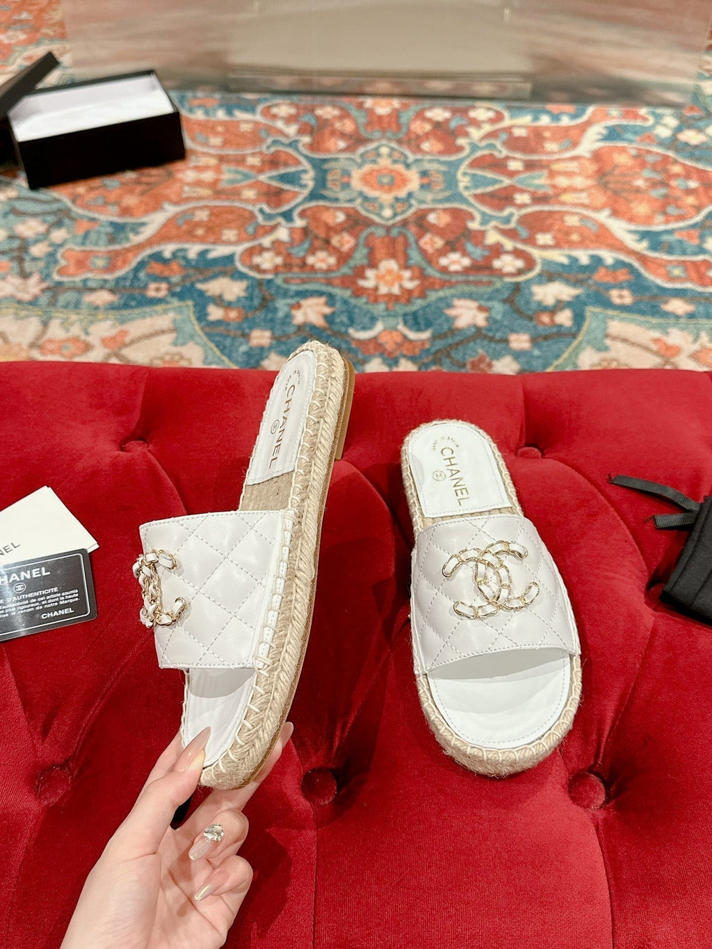 Chanel Flat Slippers in White Lambskin and Woven with Logo