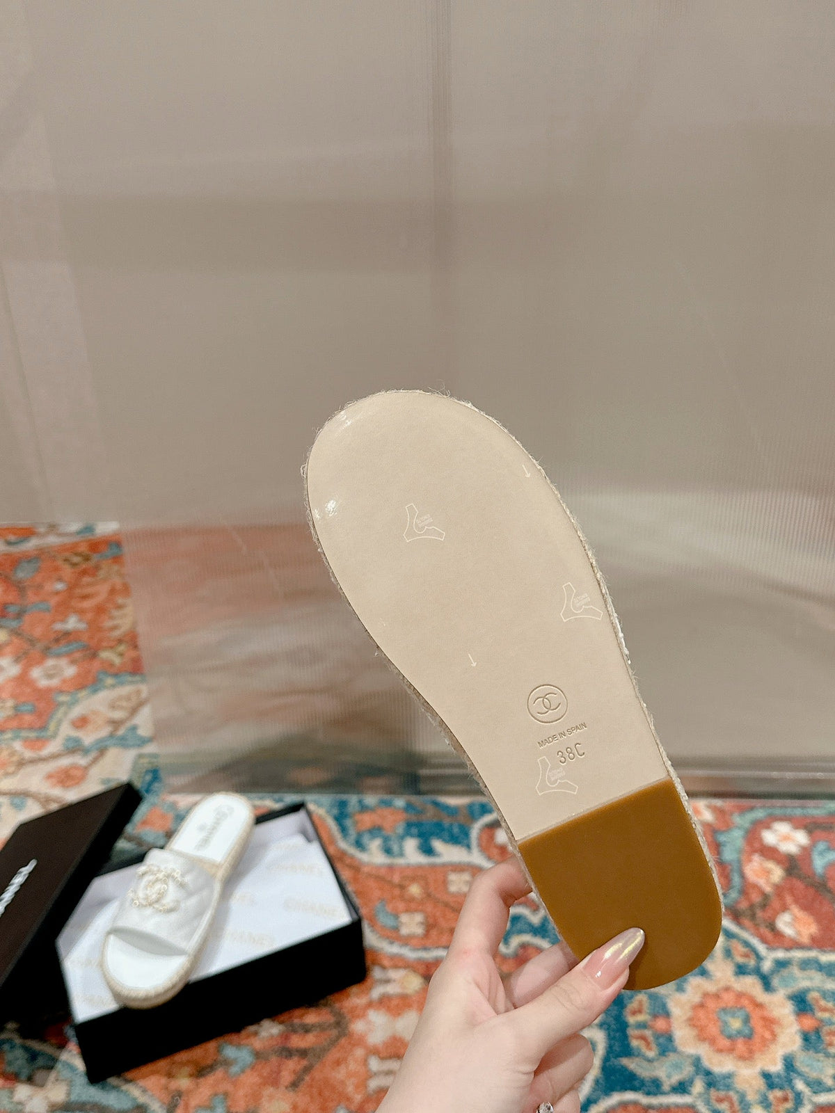 Chanel Flat Slippers in White Lambskin and Woven with Logo