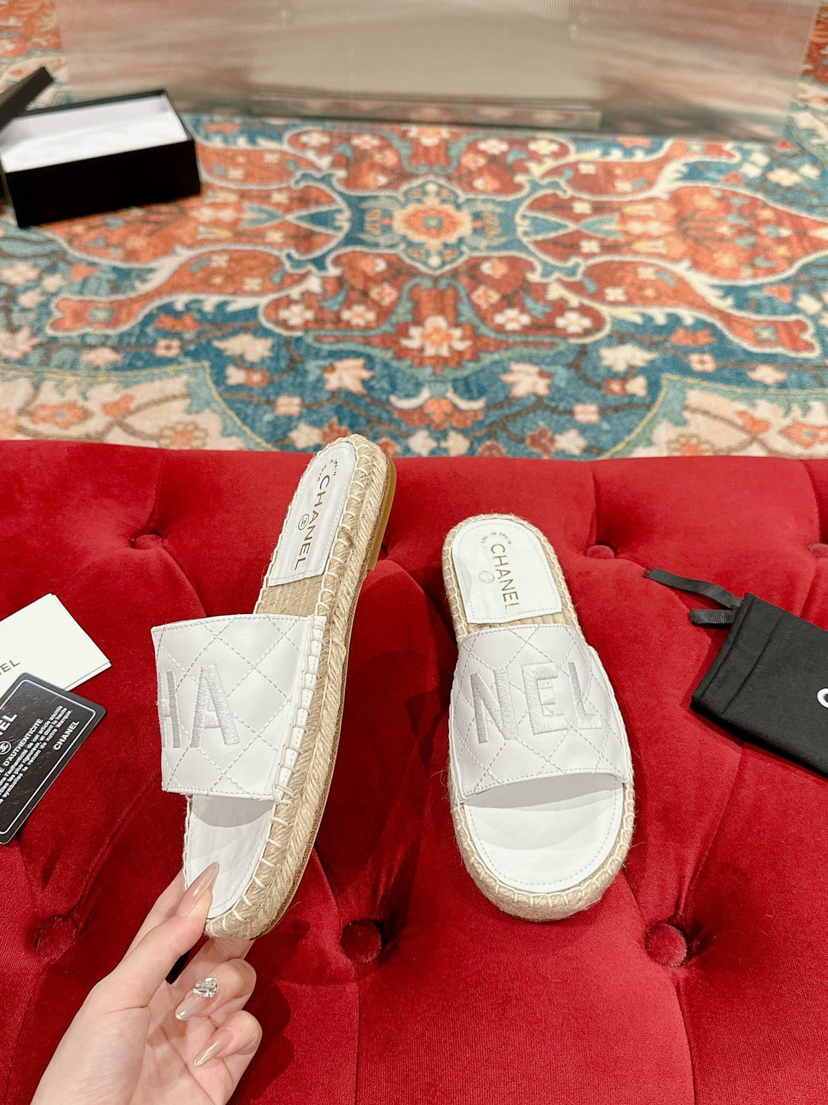 Chanel Flat Slippers in White Lambskin Mix Beige Woven