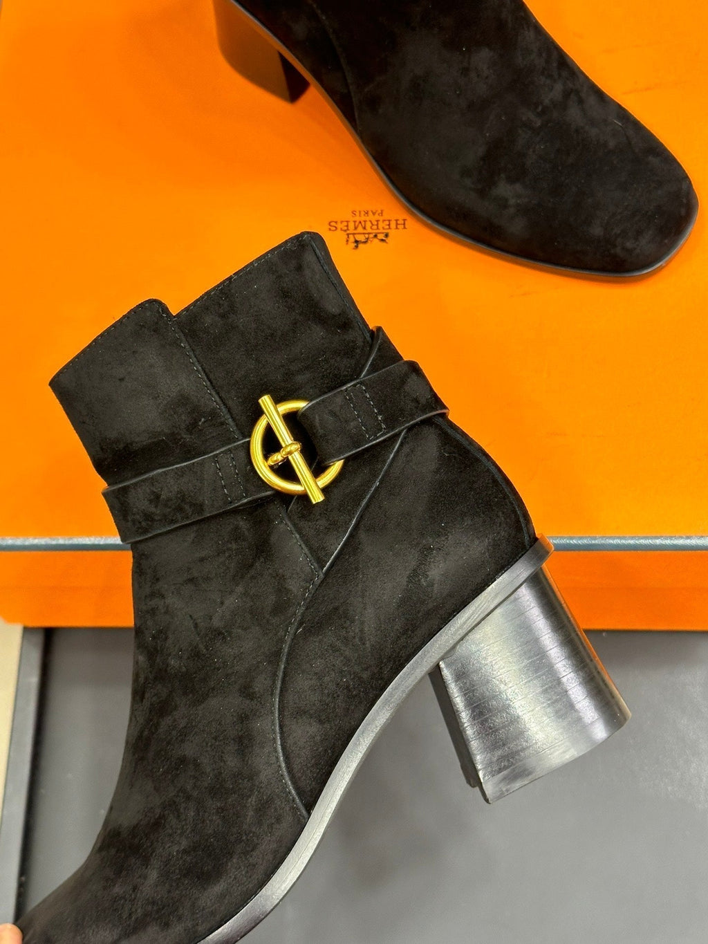 Hermes Jill 60 Ankle Boot in Black Suede