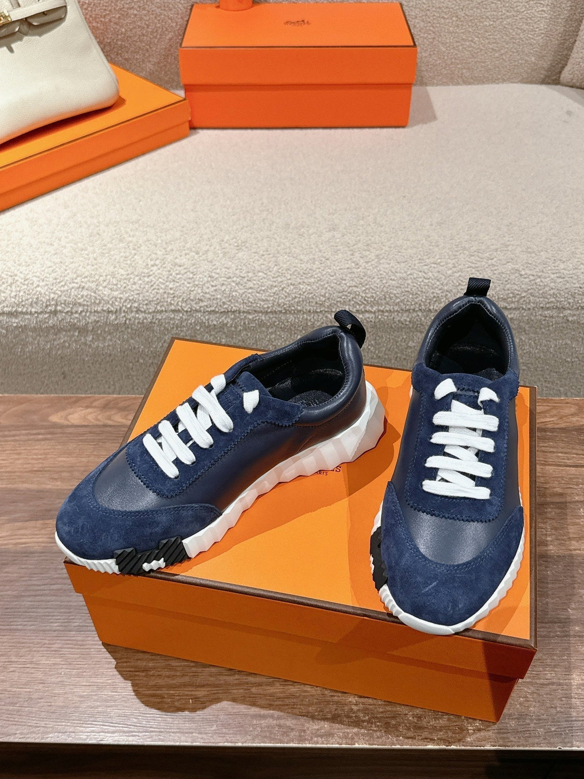 Hermes Mainland Sneaker in Navy Blue Suede and Calfskin 959296