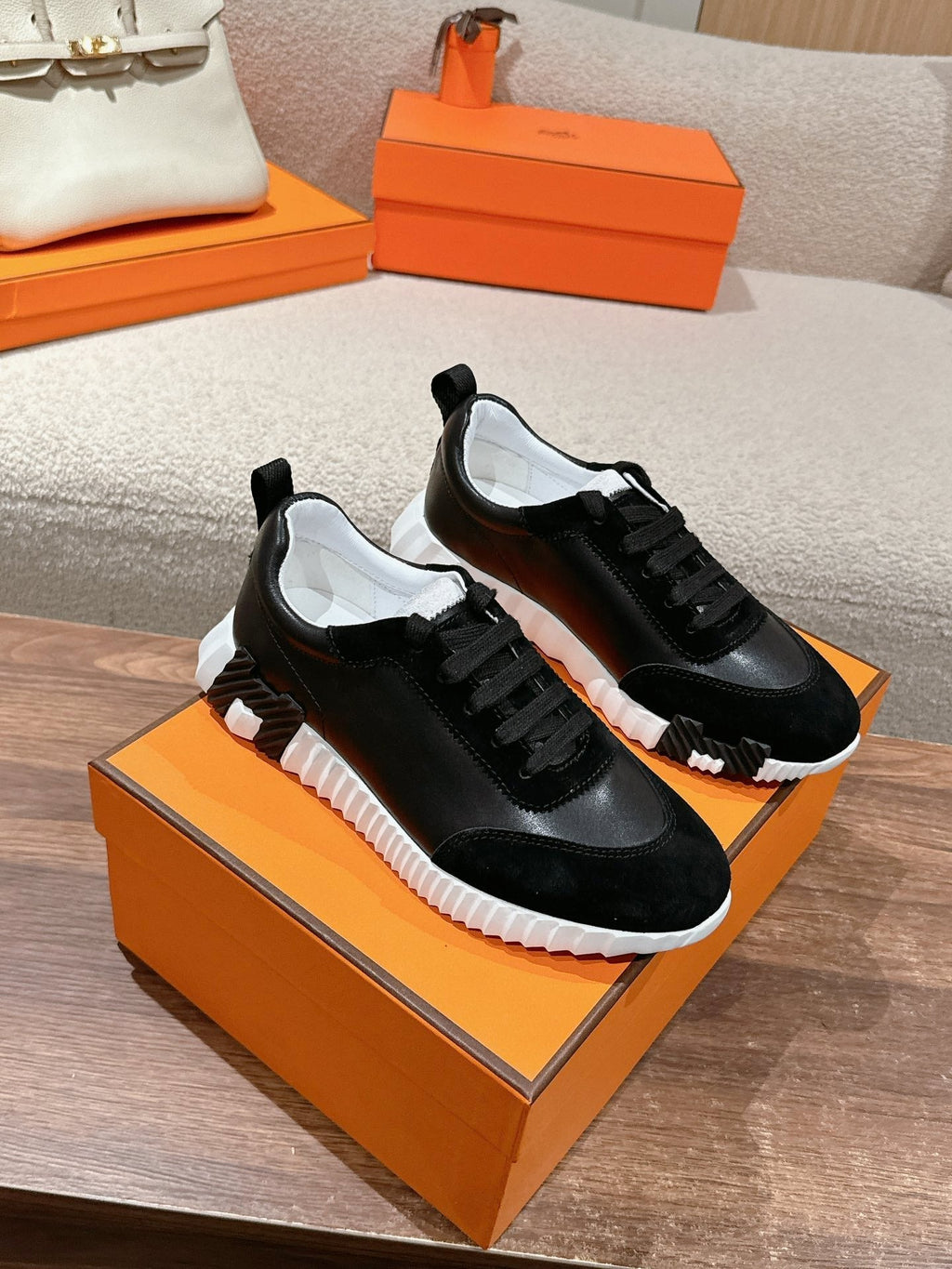 Hermes Mainland Sneaker in Black Suede and Calfskin