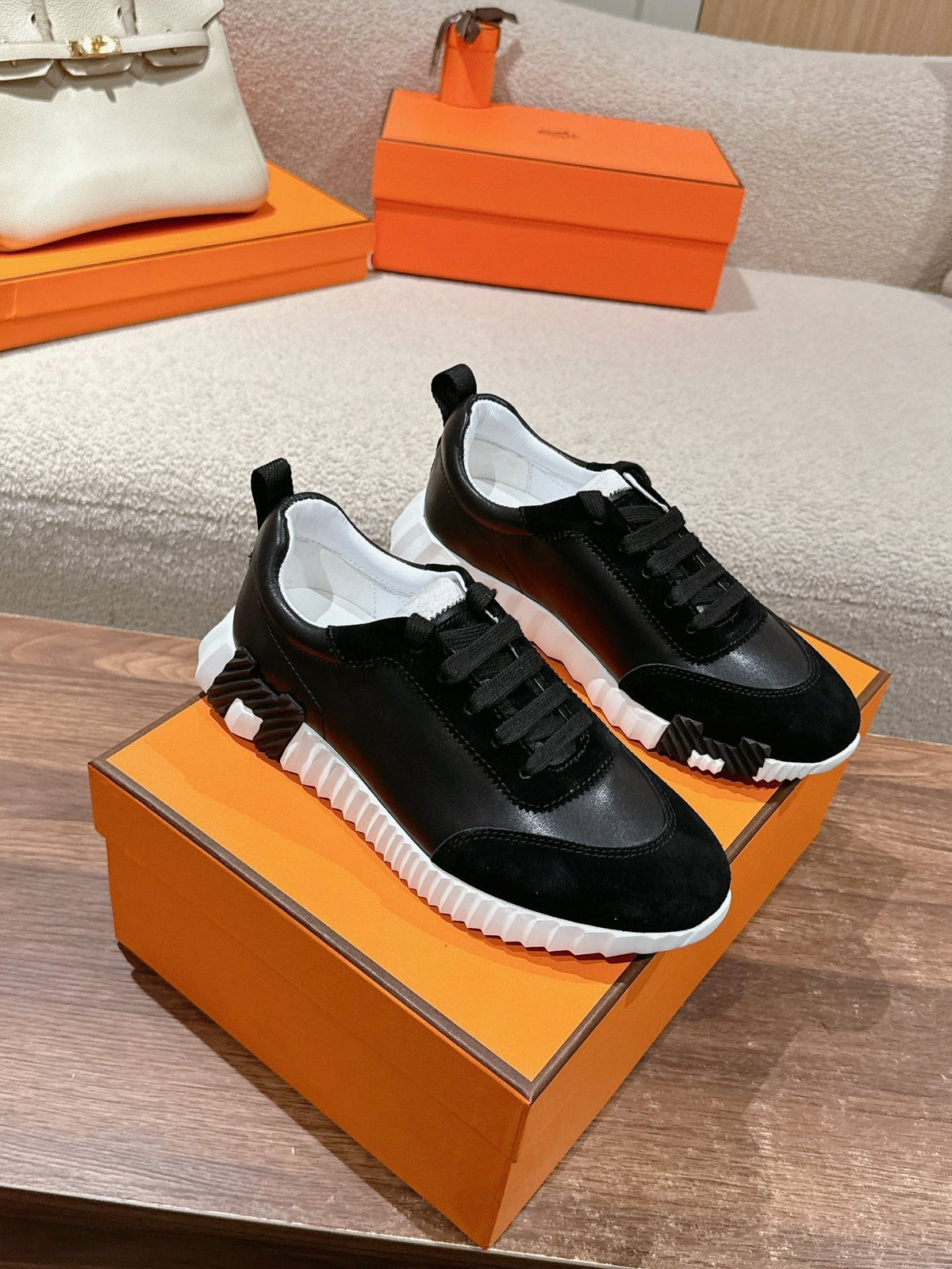 Hermes Mainland Sneaker in Black Suede and Calfskin