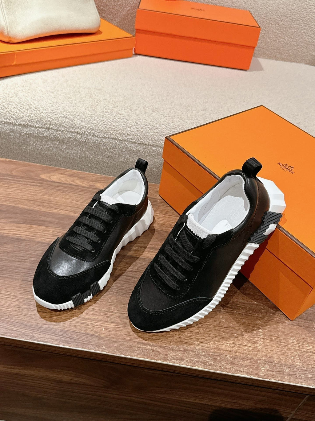 Hermes Mainland Sneaker in Black Suede and Calfskin