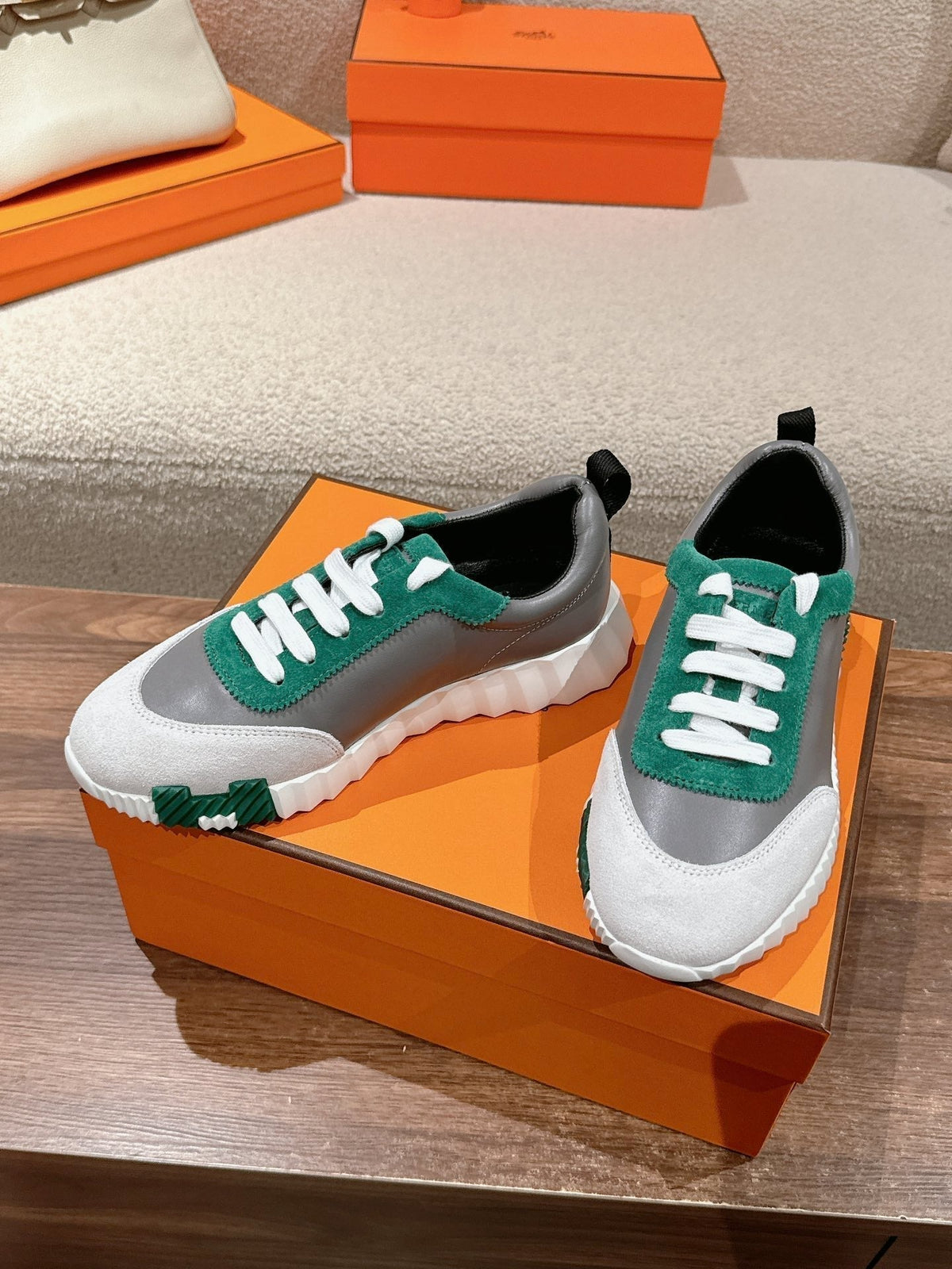Hermes Mainland Sneaker in Pale Gray Suede and Mouse Gray Calfskin