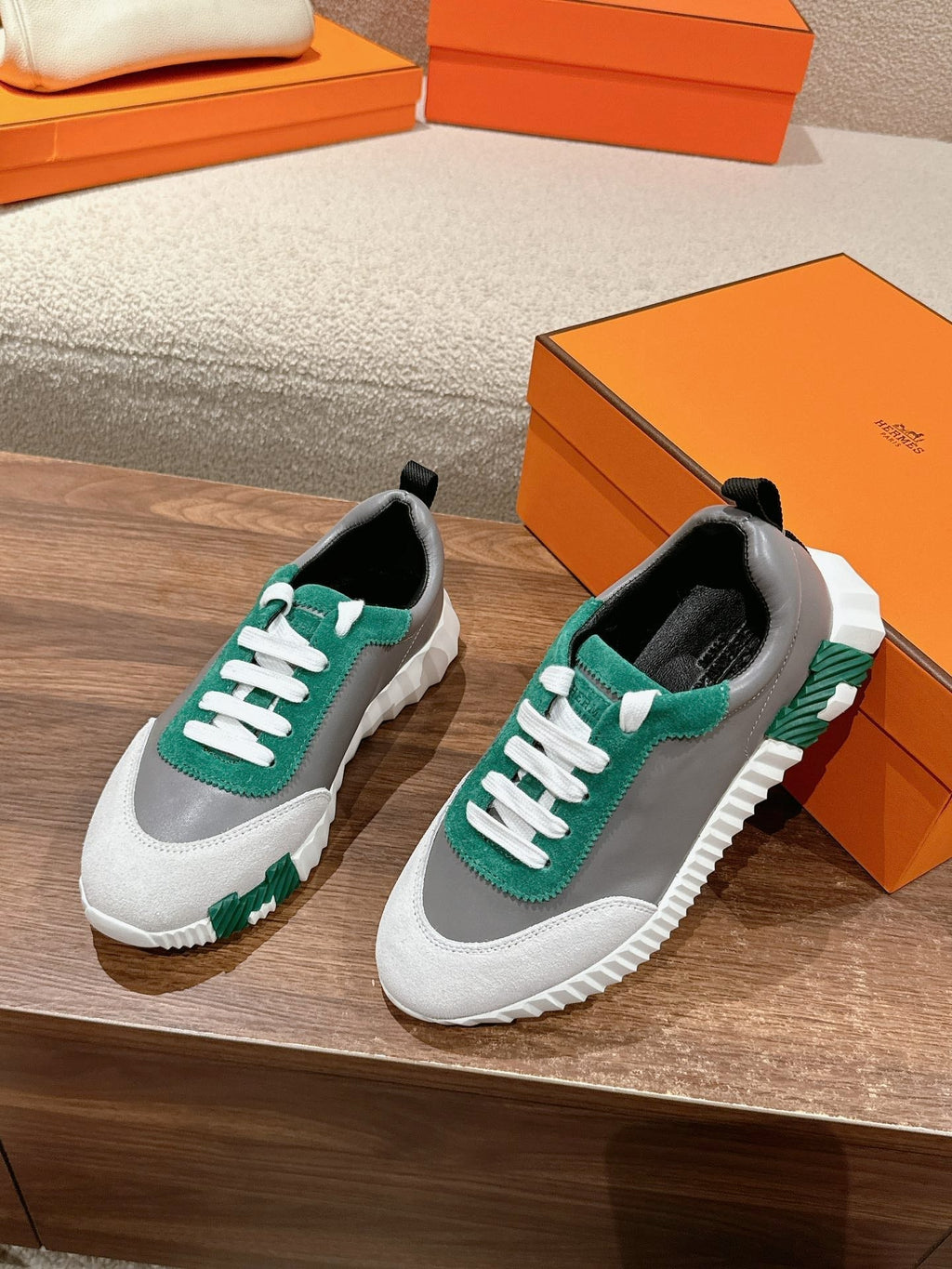 Hermes Mainland Sneaker in Pale Gray Suede and Mouse Gray Calfskin