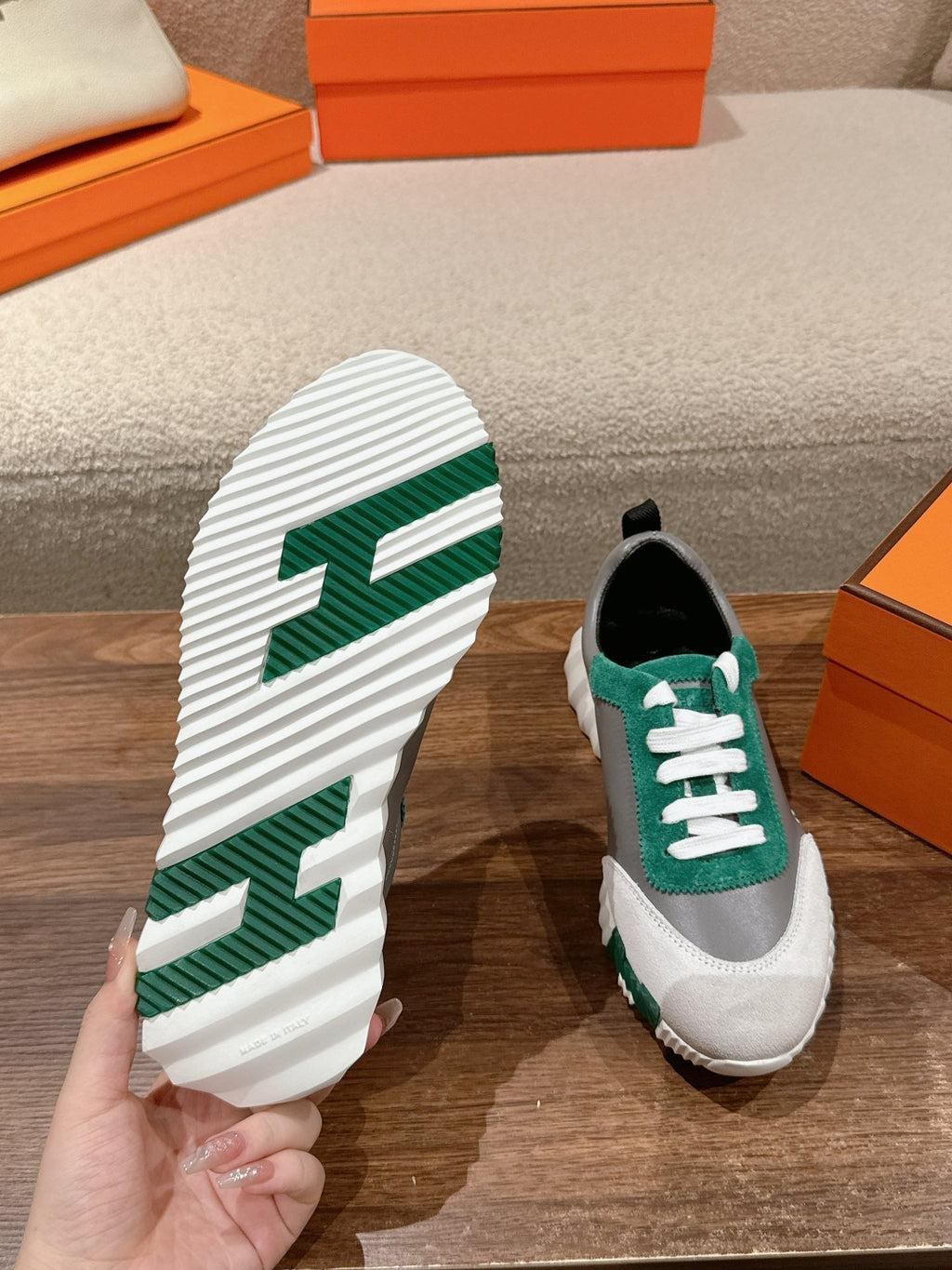Hermes Mainland Sneaker in Pale Gray Suede and Mouse Gray Calfskin