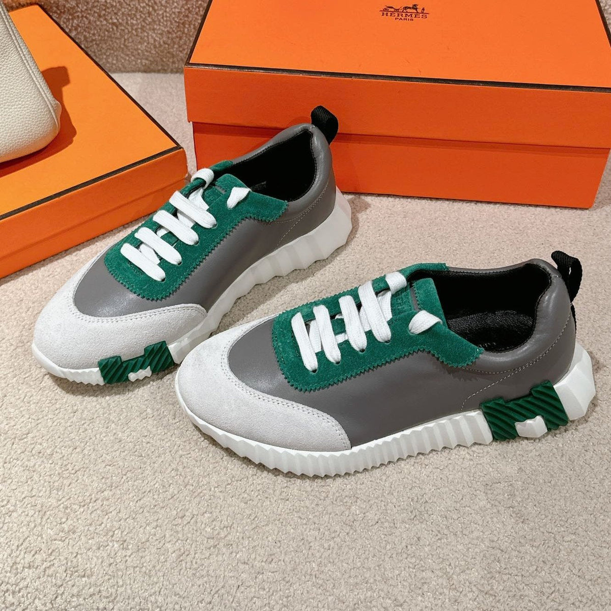 Hermes Mainland Sneaker in Pale Gray Suede and Mouse Gray Calfskin