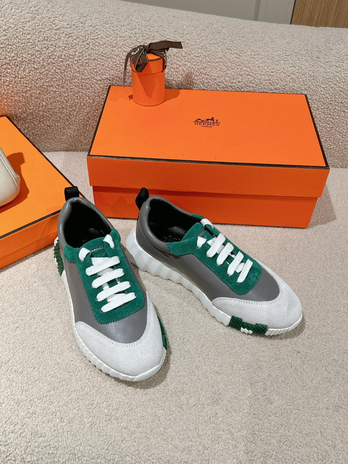 Hermes Mainland Sneaker in Pale Gray Suede and Mouse Gray Calfskin