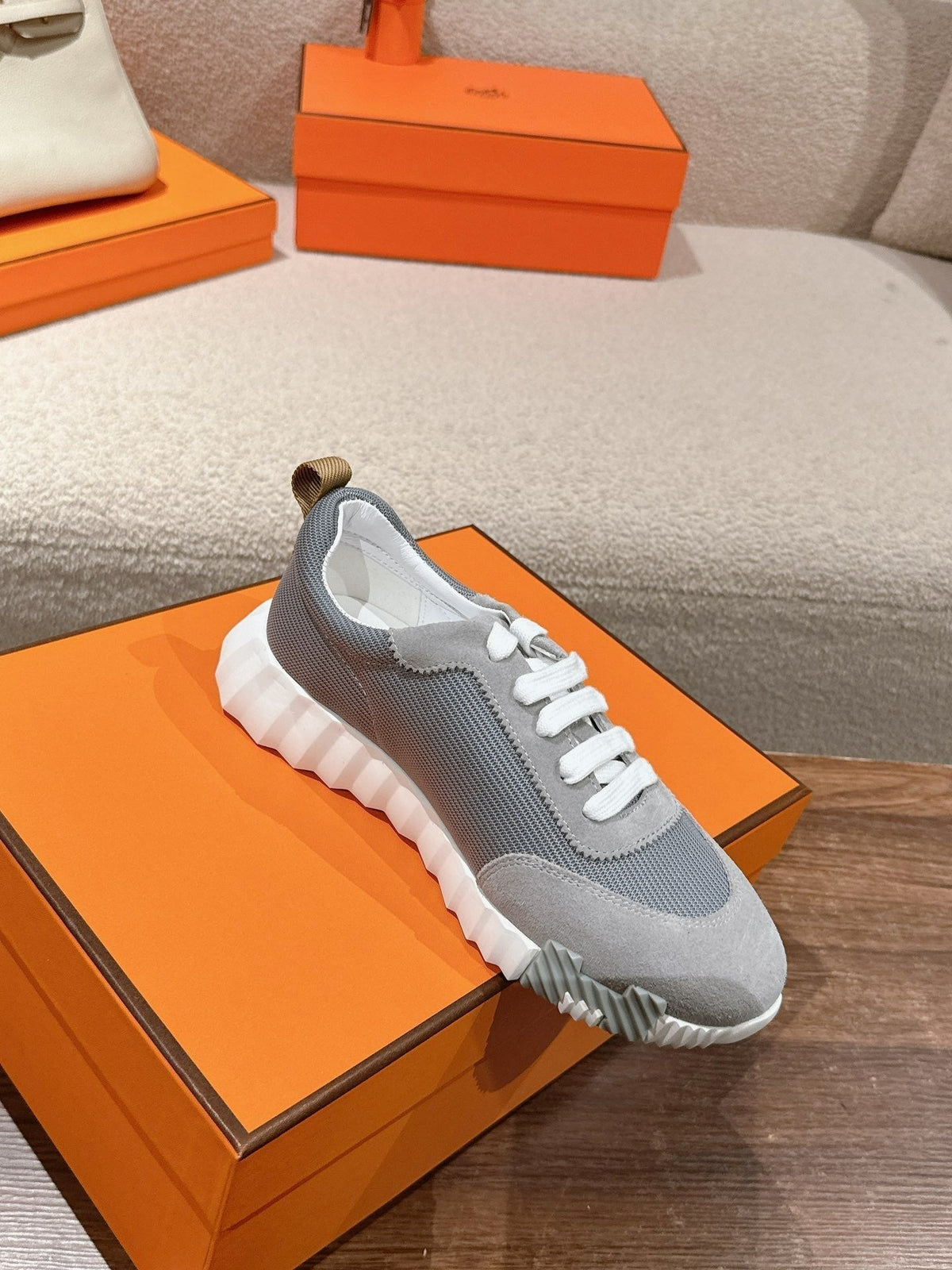 Hermes Mainland Sneaker in Ash Gray Suede and Shark Gray Breathable Mesh Fabric 959350