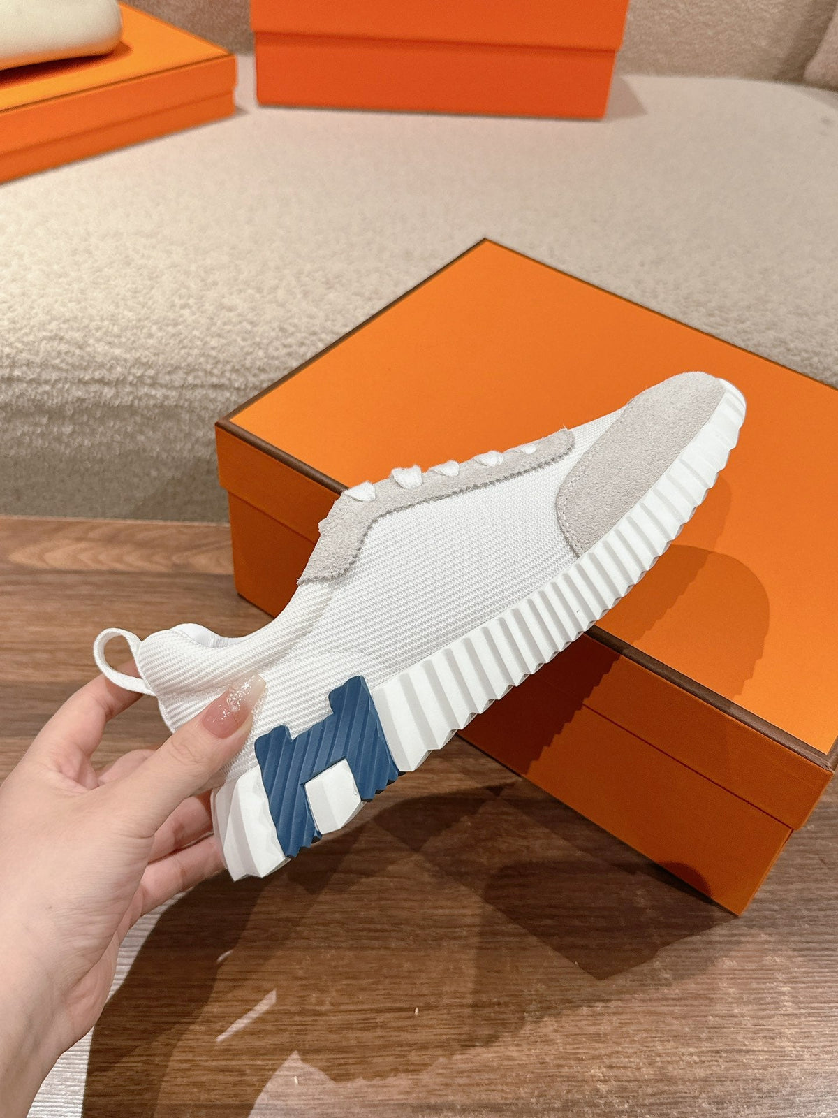 Hermes Mainland Sneaker in Pale Gray Suede and White Breathable Mesh Fabric 959352