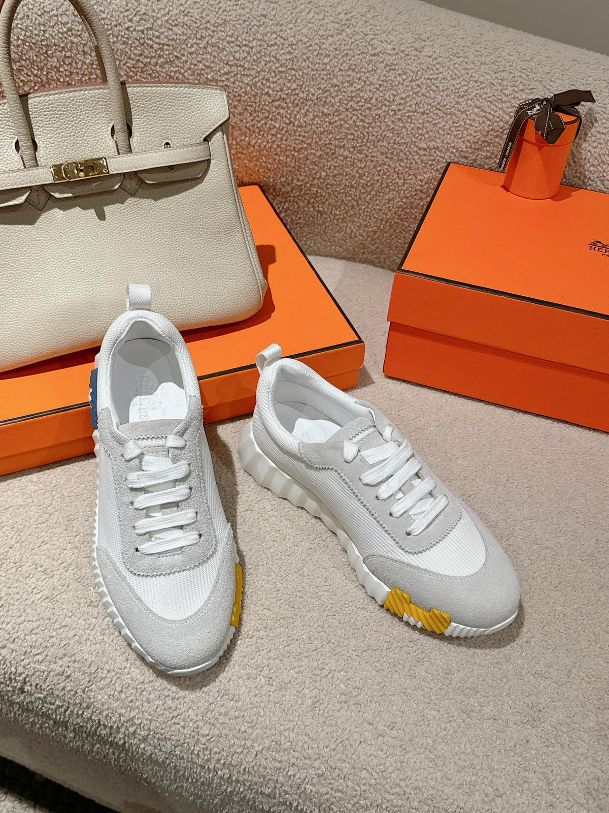 Hermes Mainland Sneaker in Pale Gray Suede and White Breathable Mesh Fabric 959352