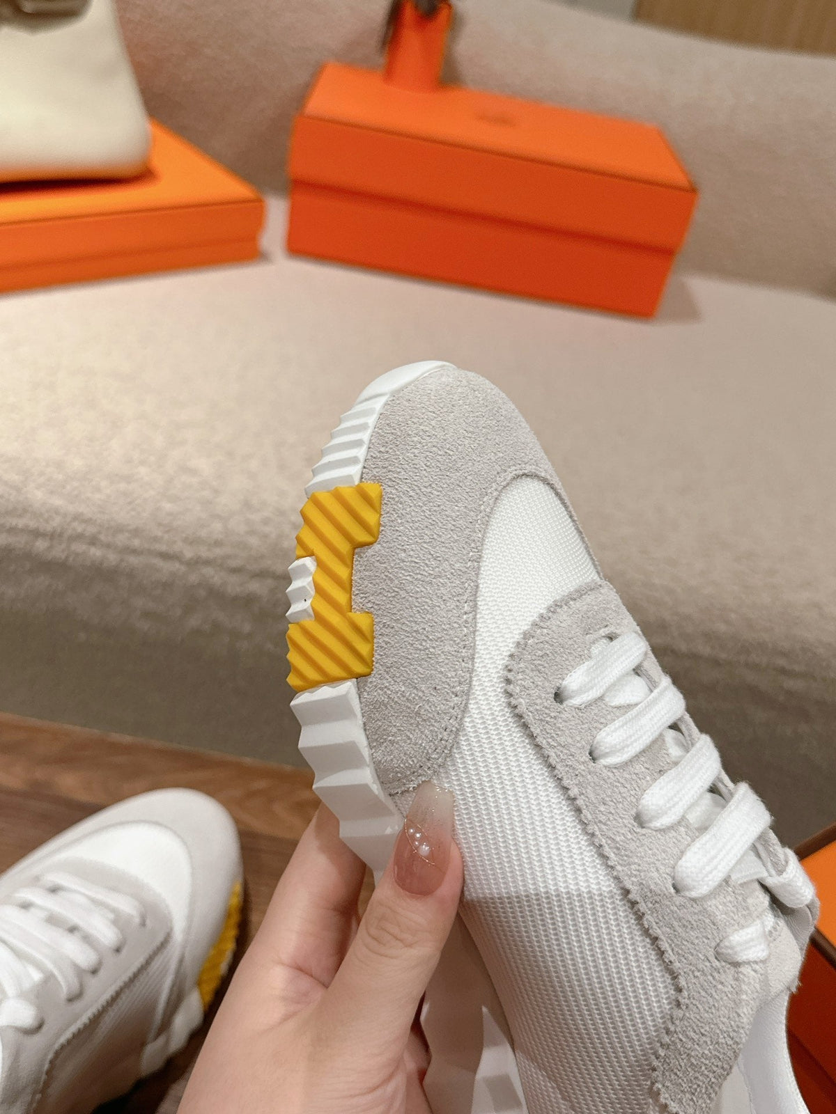 Hermes Mainland Sneaker in Pale Gray Suede and White Breathable Mesh Fabric 959352