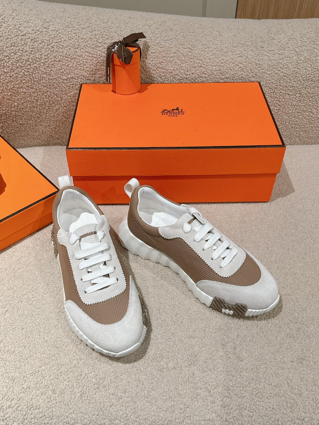 Hermes Mainland Sneaker in Pale Gray Suede and Light Brown Breathable Mesh Fabric