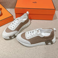 Hermes Mainland Sneaker in Pale Gray Suede and Light Brown Breathable Mesh Fabric