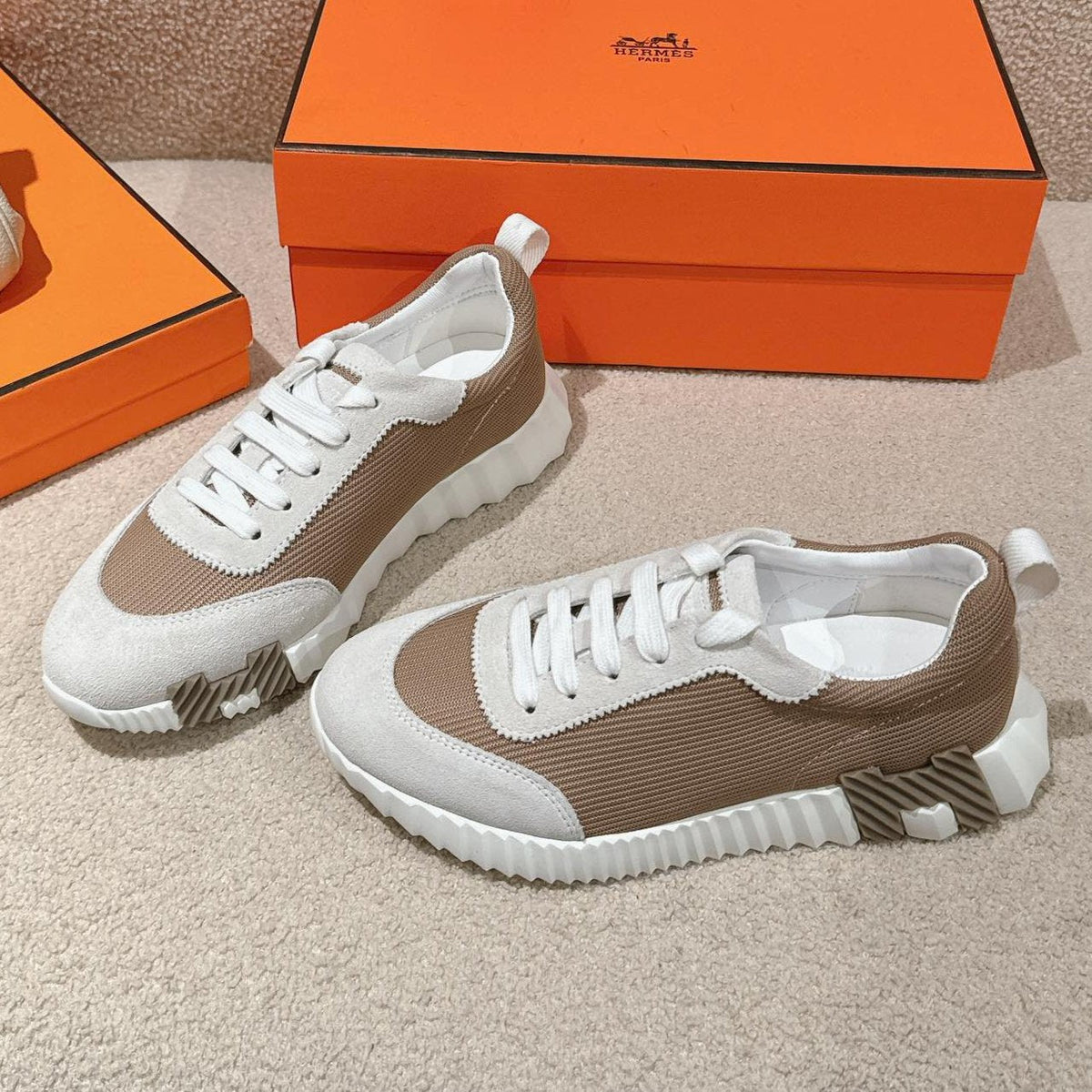 Hermes Mainland Sneaker in Pale Gray Suede and Light Brown Breathable Mesh Fabric