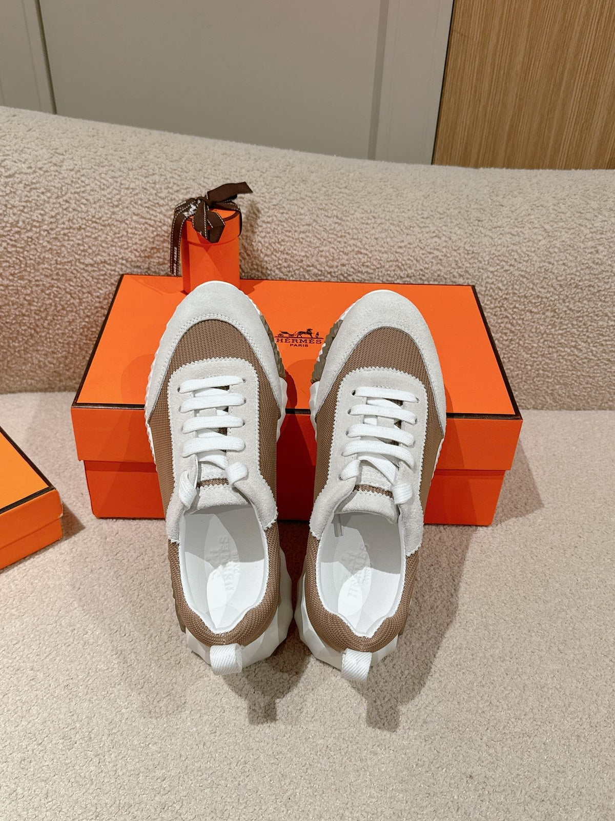 Hermes Mainland Sneaker in Pale Gray Suede and Light Brown Breathable Mesh Fabric