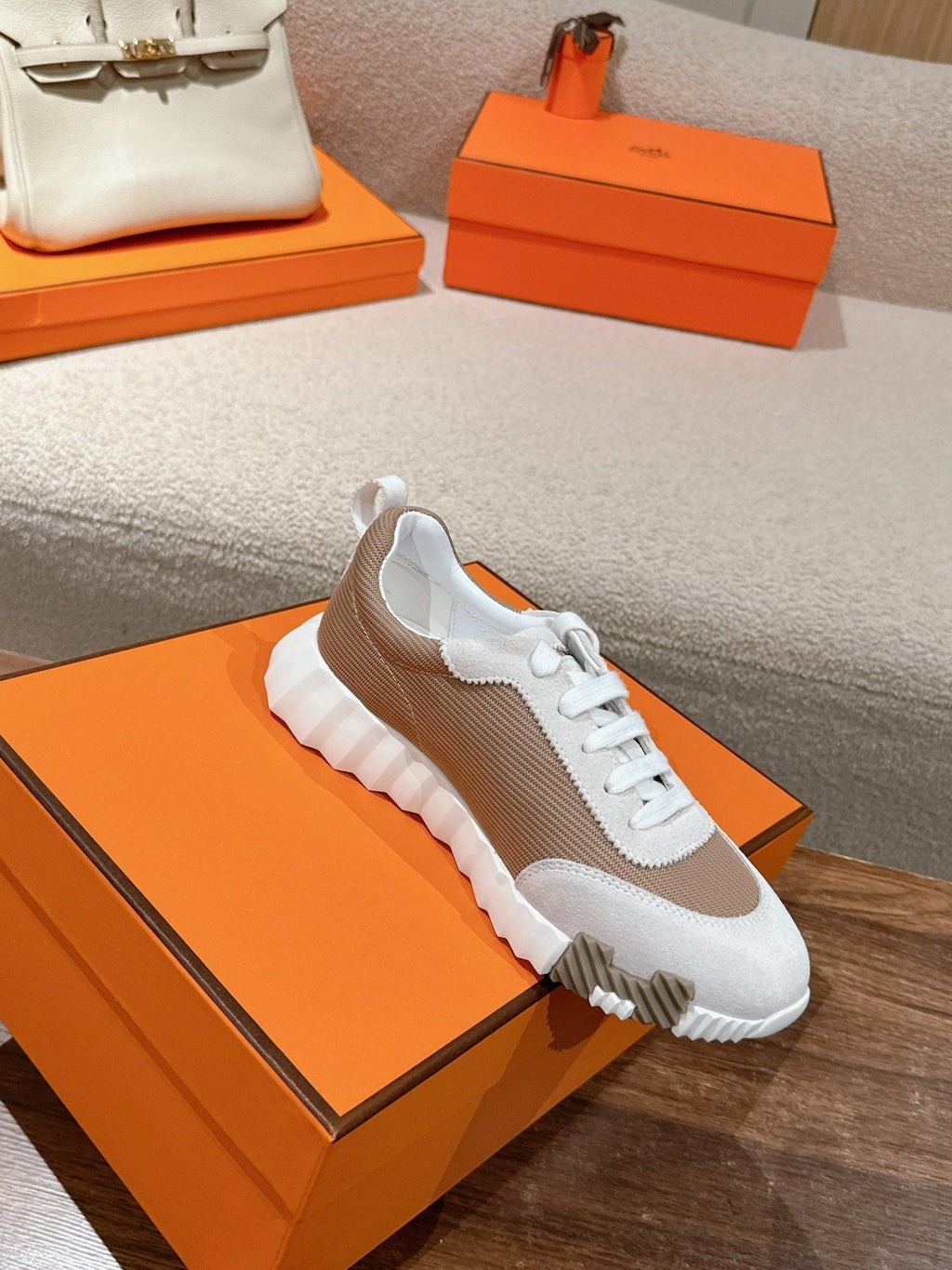 Hermes Mainland Sneaker in Pale Gray Suede and Light Brown Breathable Mesh Fabric