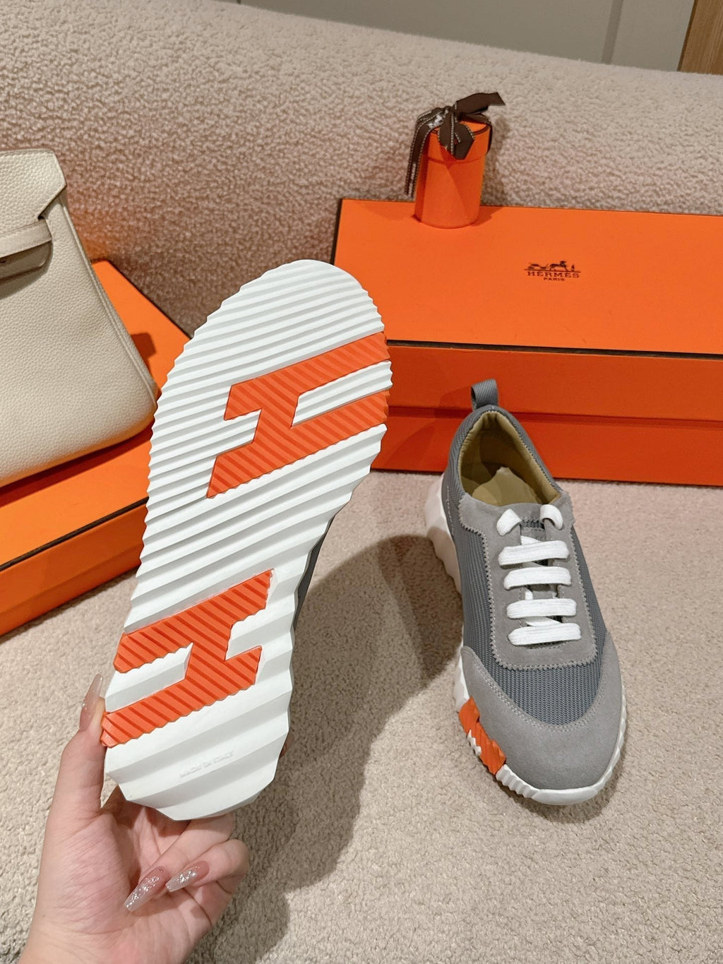 Hermes Mainland Sneaker in Ash Gray Suede and Shark Gray Breathable Mesh Fabric