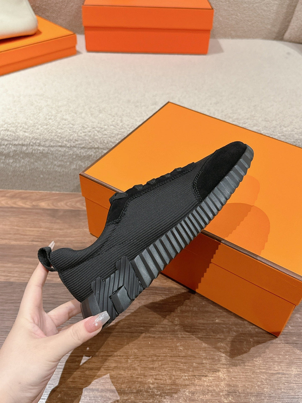 Hermes Mainland Sneaker in Full Black Suede and Breathable Mesh Fabric