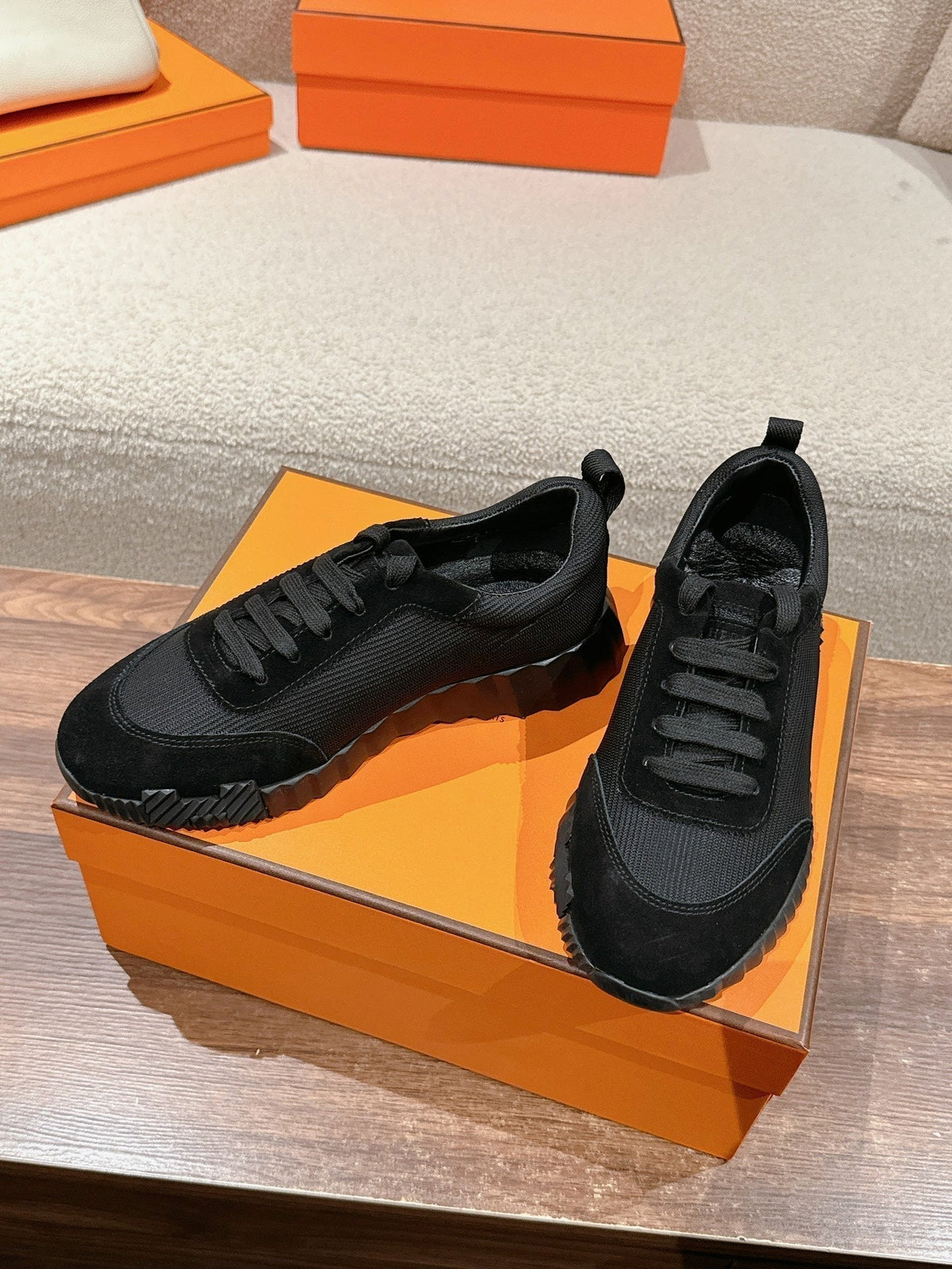 Hermes Mainland Sneaker in Full Black Suede and Breathable Mesh Fabric