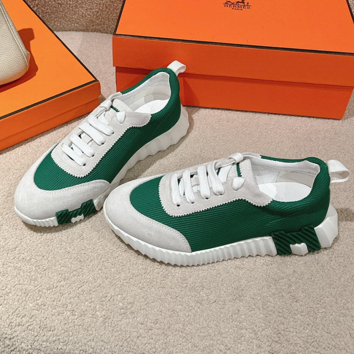 Hermes Mainland Sneaker in Pale Gray Suede and Forest Green Breathable Mesh Fabric