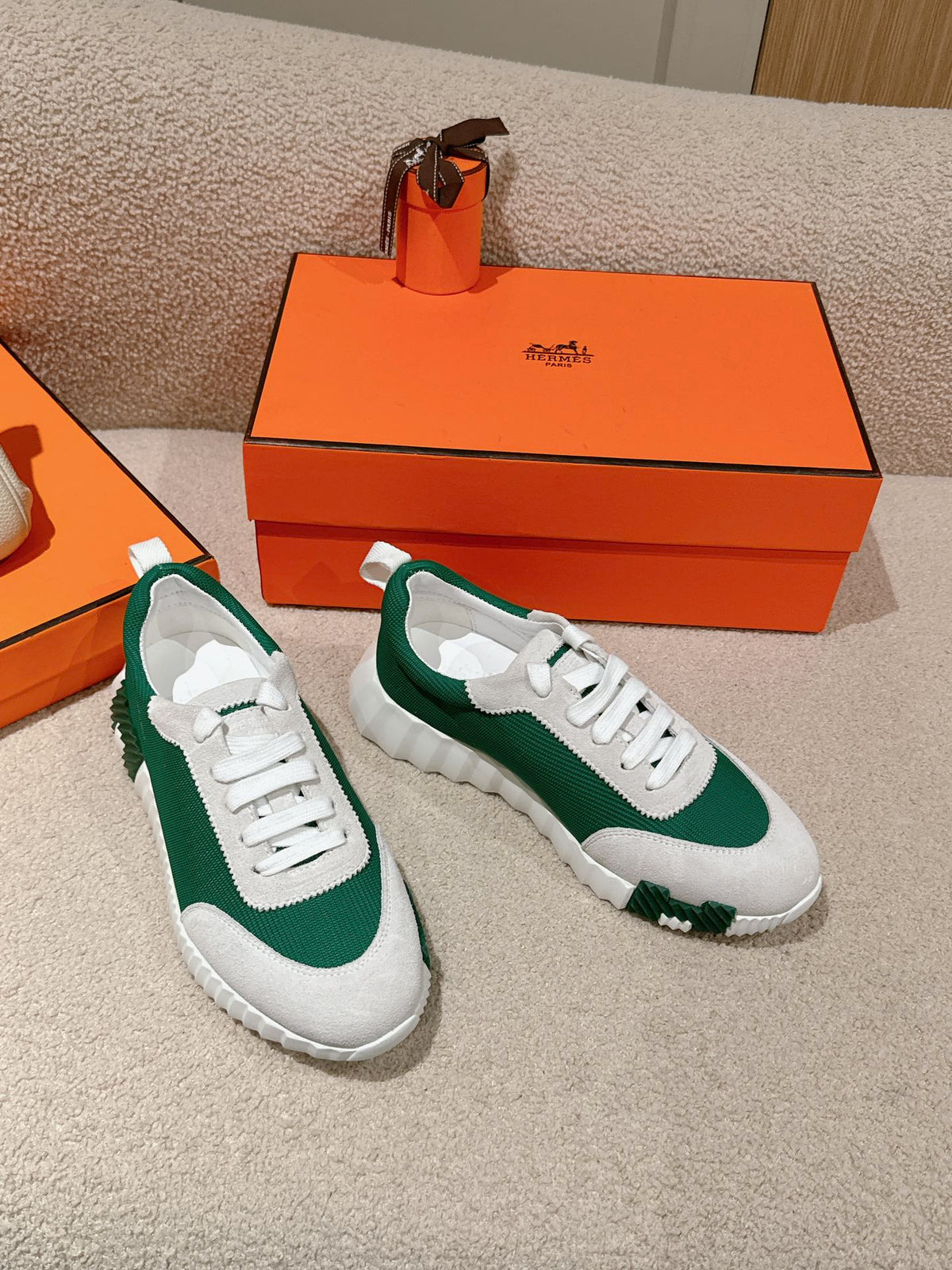 Hermes Mainland Sneaker in Pale Gray Suede and Forest Green Breathable Mesh Fabric