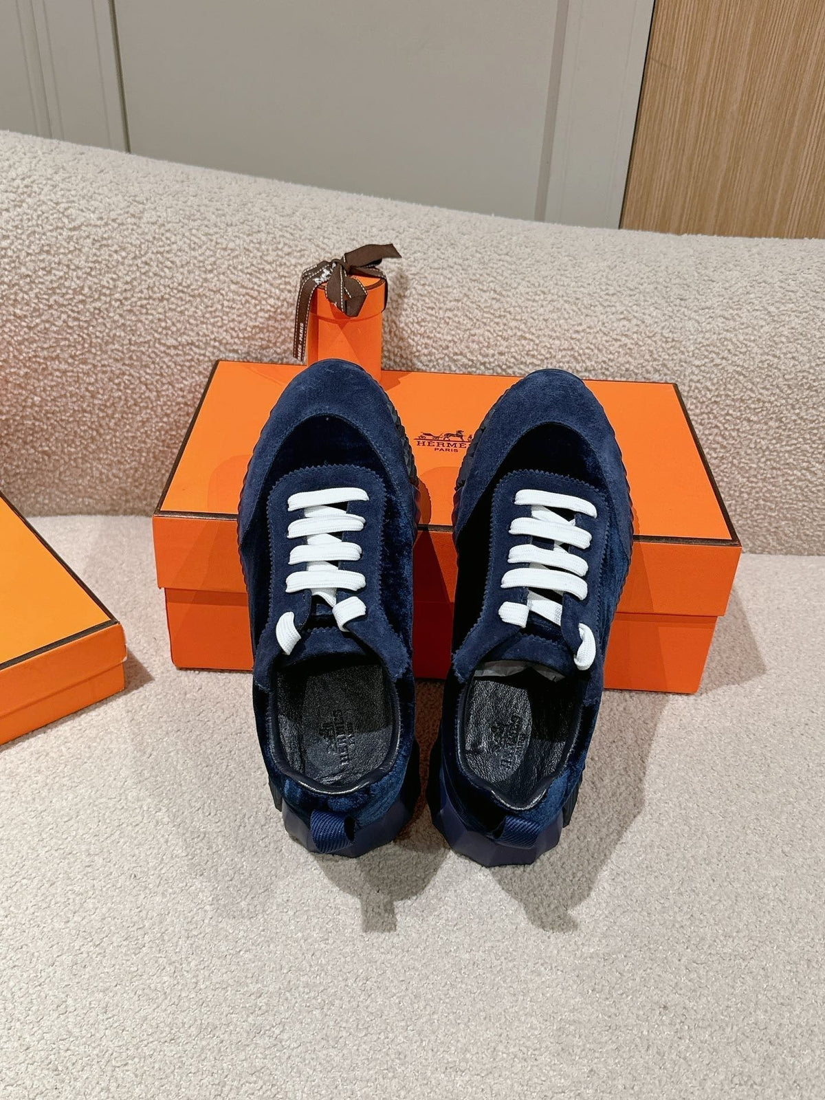Hermes Mainland Sneaker in Navy Blue Suede and Black Velvet
