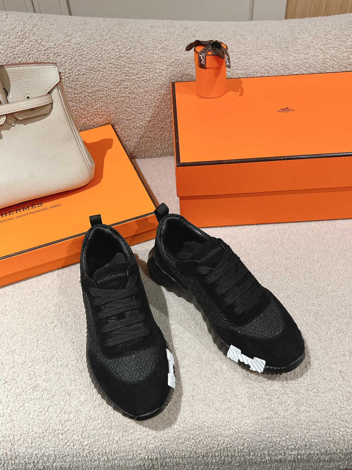 Hermes Mainland Sneaker in Black Suede and Breathable Mesh Fabric