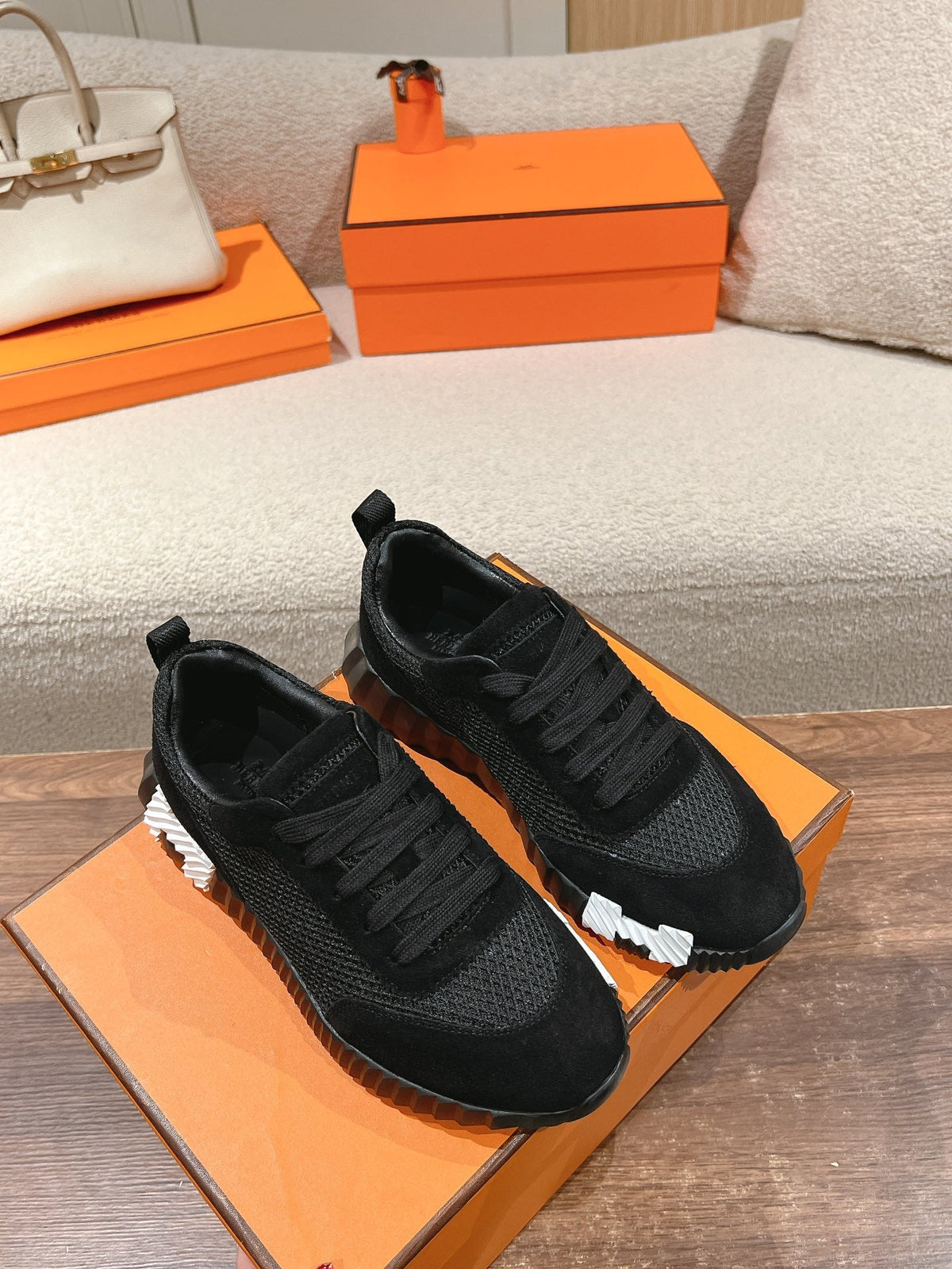 Hermes Mainland Sneaker in Black Suede and Breathable Mesh Fabric