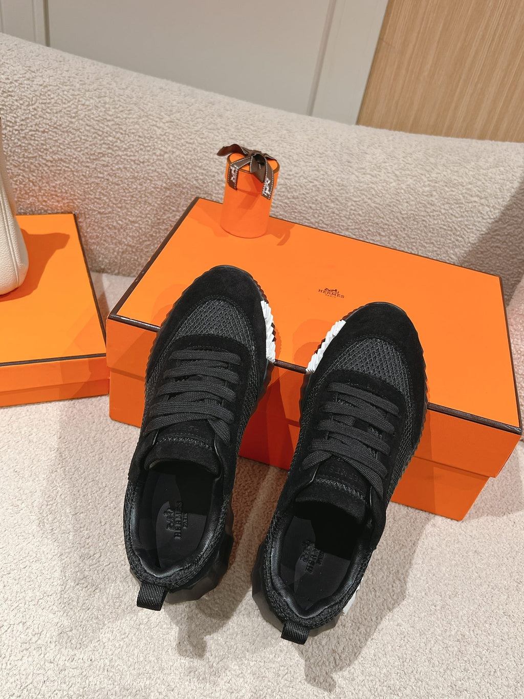 Hermes Mainland Sneaker in Black Suede and Breathable Mesh Fabric