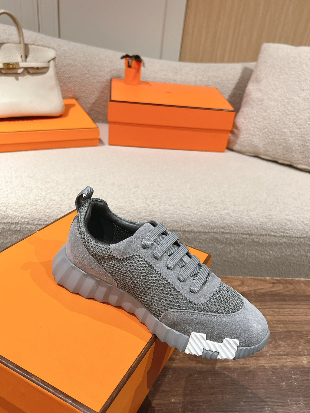 Hermes Mainland Sneaker in Mouse Gray Suede and Breathable Mesh Fabric