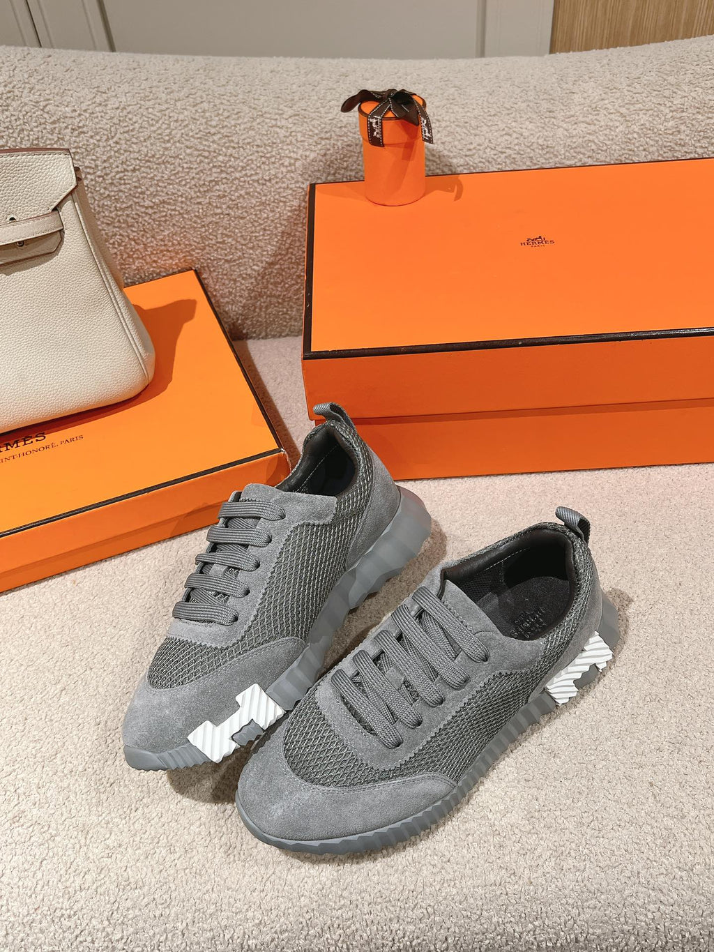 Hermes Mainland Sneaker in Mouse Gray Suede and Breathable Mesh Fabric