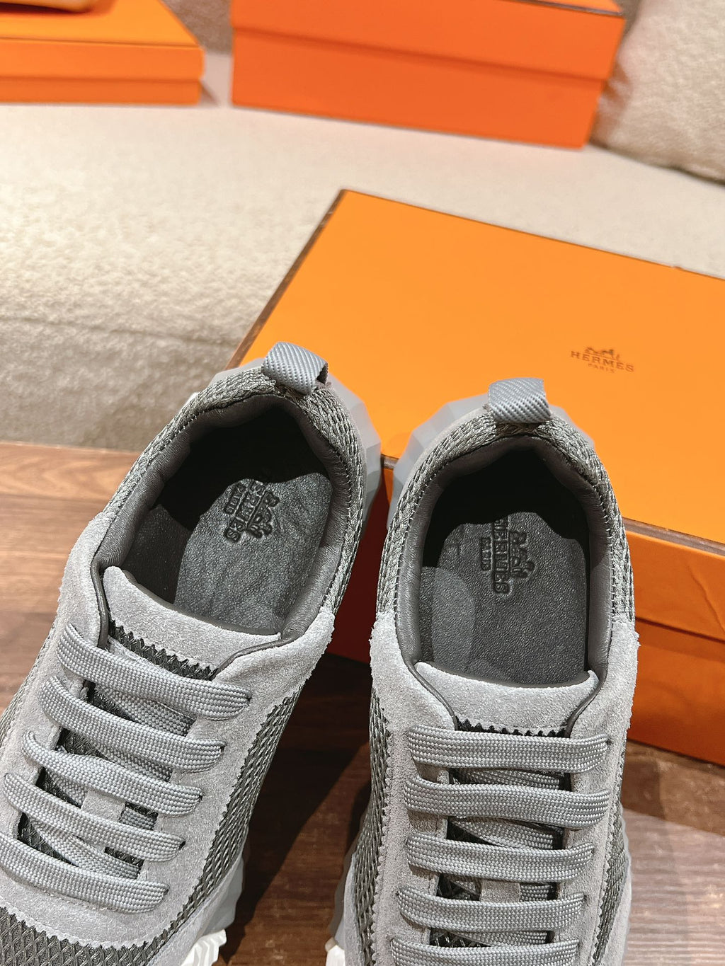 Hermes Mainland Sneaker in Mouse Gray Suede and Breathable Mesh Fabric