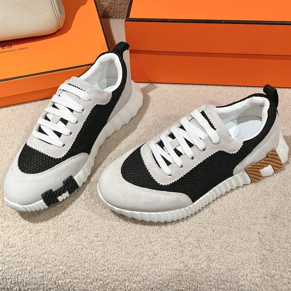 Hermes Mainland Sneaker in Pale Gray Suede and Black Breathable Mesh Fabric