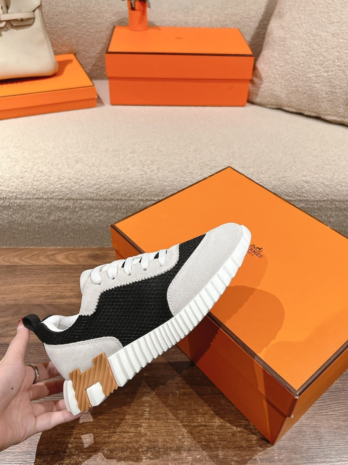 Hermes Mainland Sneaker in Pale Gray Suede and Black Breathable Mesh Fabric