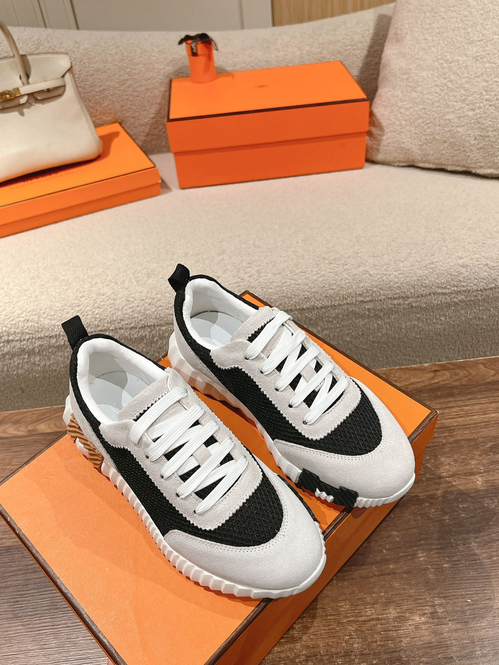 Hermes Mainland Sneaker in Pale Gray Suede and Black Breathable Mesh Fabric