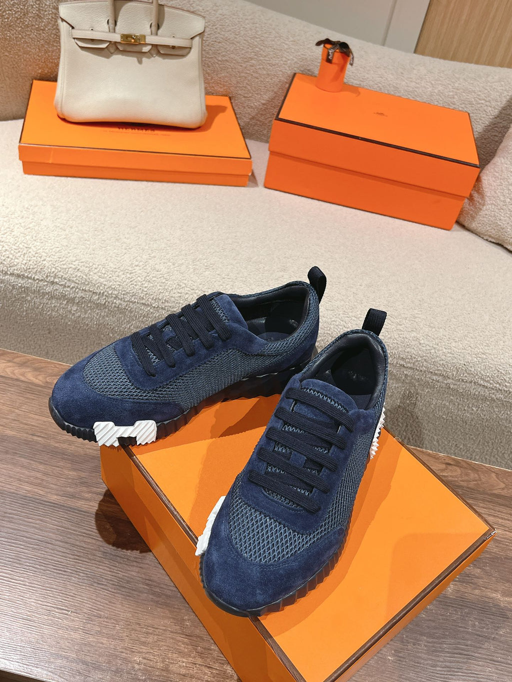 Hermes Mainland Sneaker in Classic Blue Suede and Breathable Mesh Fabric