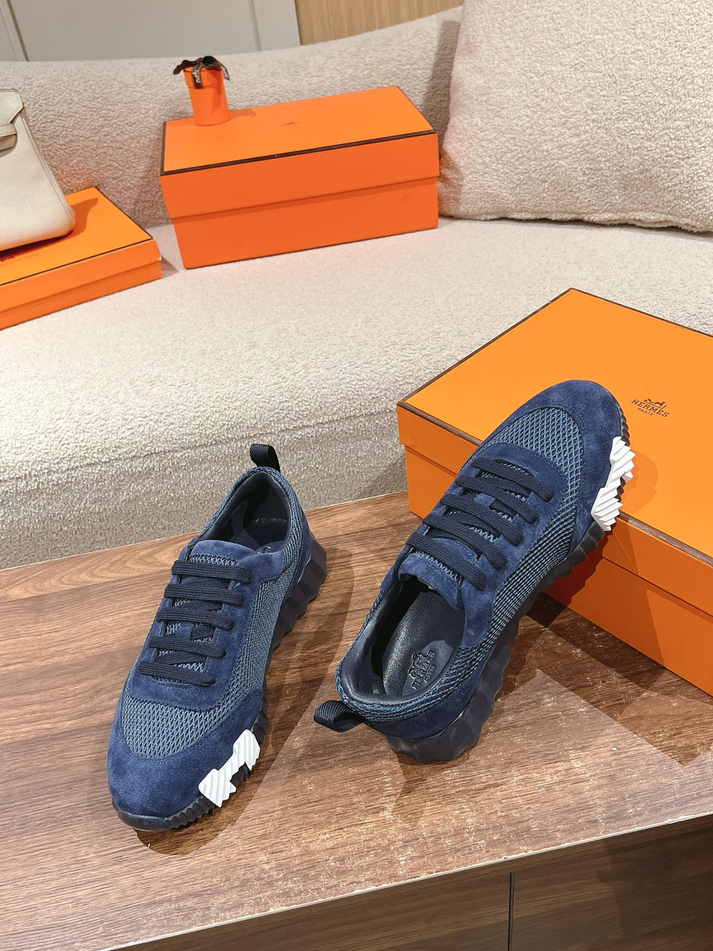 Hermes Mainland Sneaker in Classic Blue Suede and Breathable Mesh Fabric