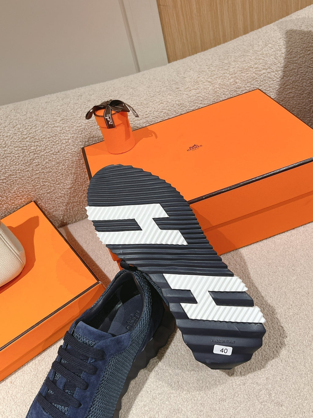 Hermes Mainland Sneaker in Classic Blue Suede and Breathable Mesh Fabric