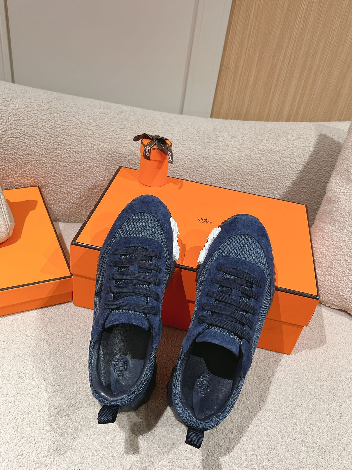 Hermes Mainland Sneaker in Classic Blue Suede and Breathable Mesh Fabric