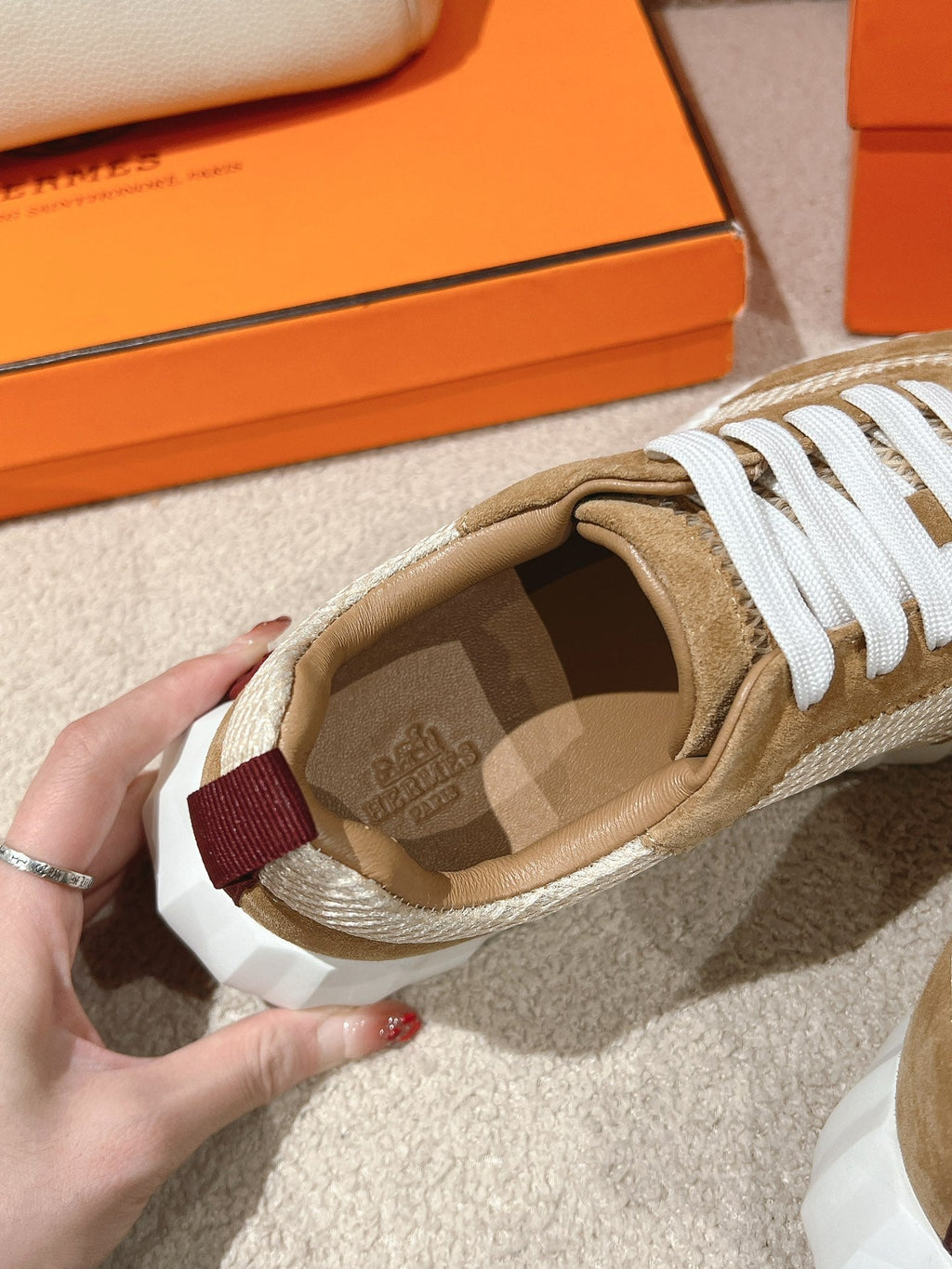 Hermes Mainland Sneaker in Peanut Brown Suede and White Breathable Mesh Fabric