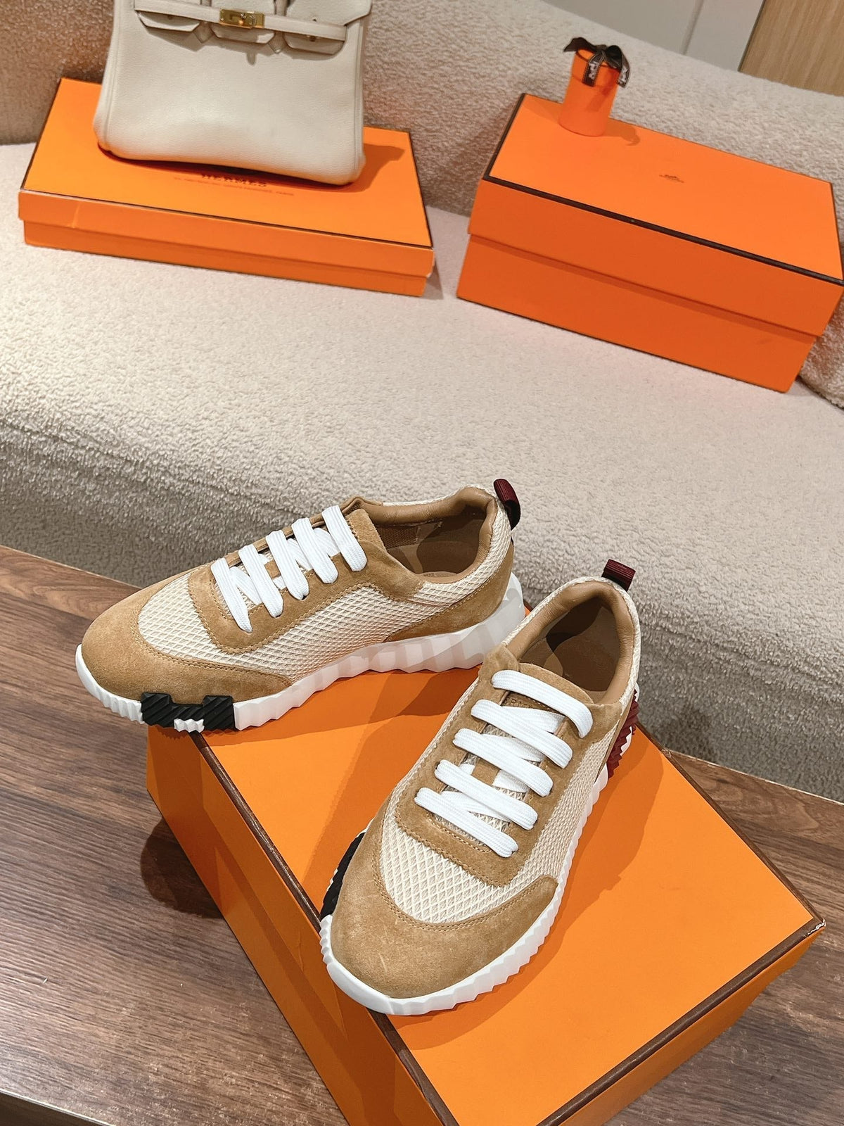 Hermes Mainland Sneaker in Peanut Brown Suede and White Breathable Mesh Fabric