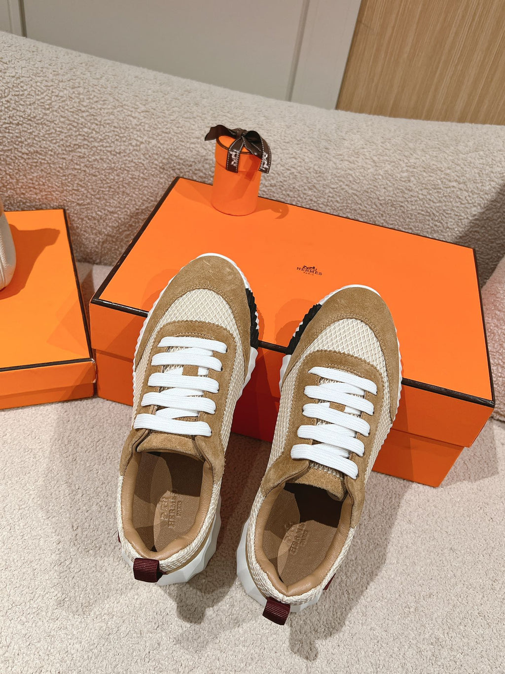 Hermes Mainland Sneaker in Peanut Brown Suede and White Breathable Mesh Fabric